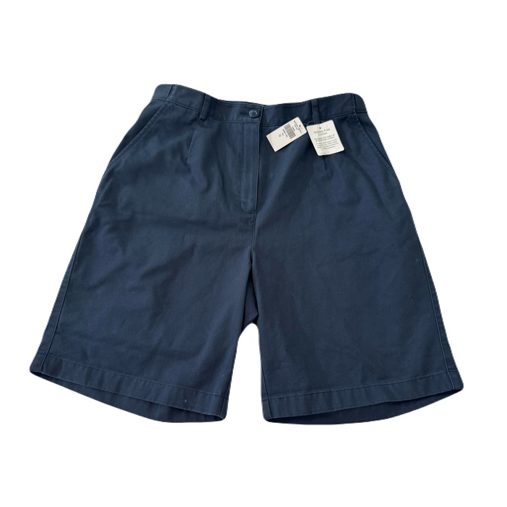 LL Bean Women 12 Navy Blue Wrinkle Free Cotton Original Fit Pleated Shorts